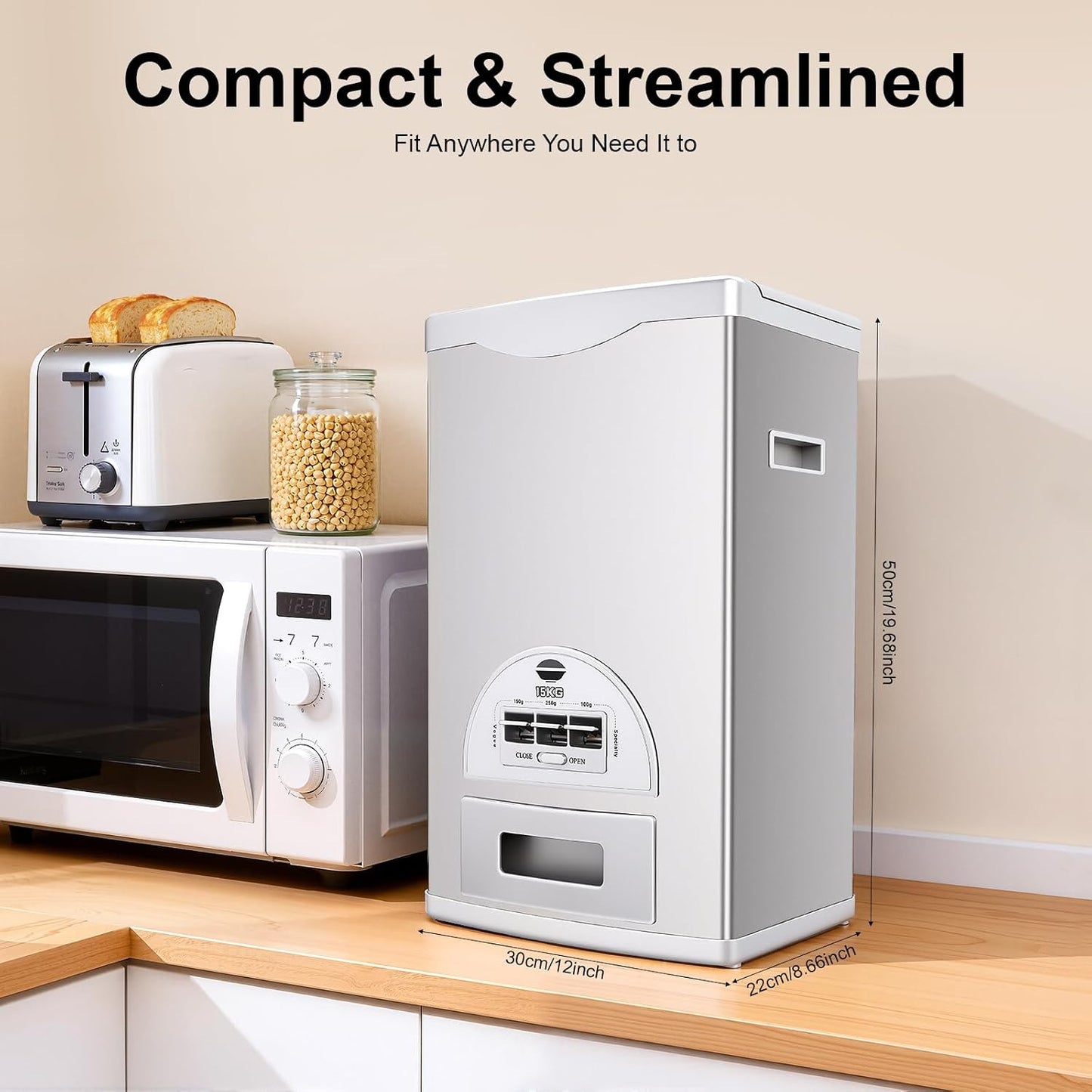 33LBS Stainless Steel Rice Dispenser - Automatic Measuring Dispenser with 3 Gears, Large Capacity Rice Storage Container for Kitchen/Pantry (Silver)