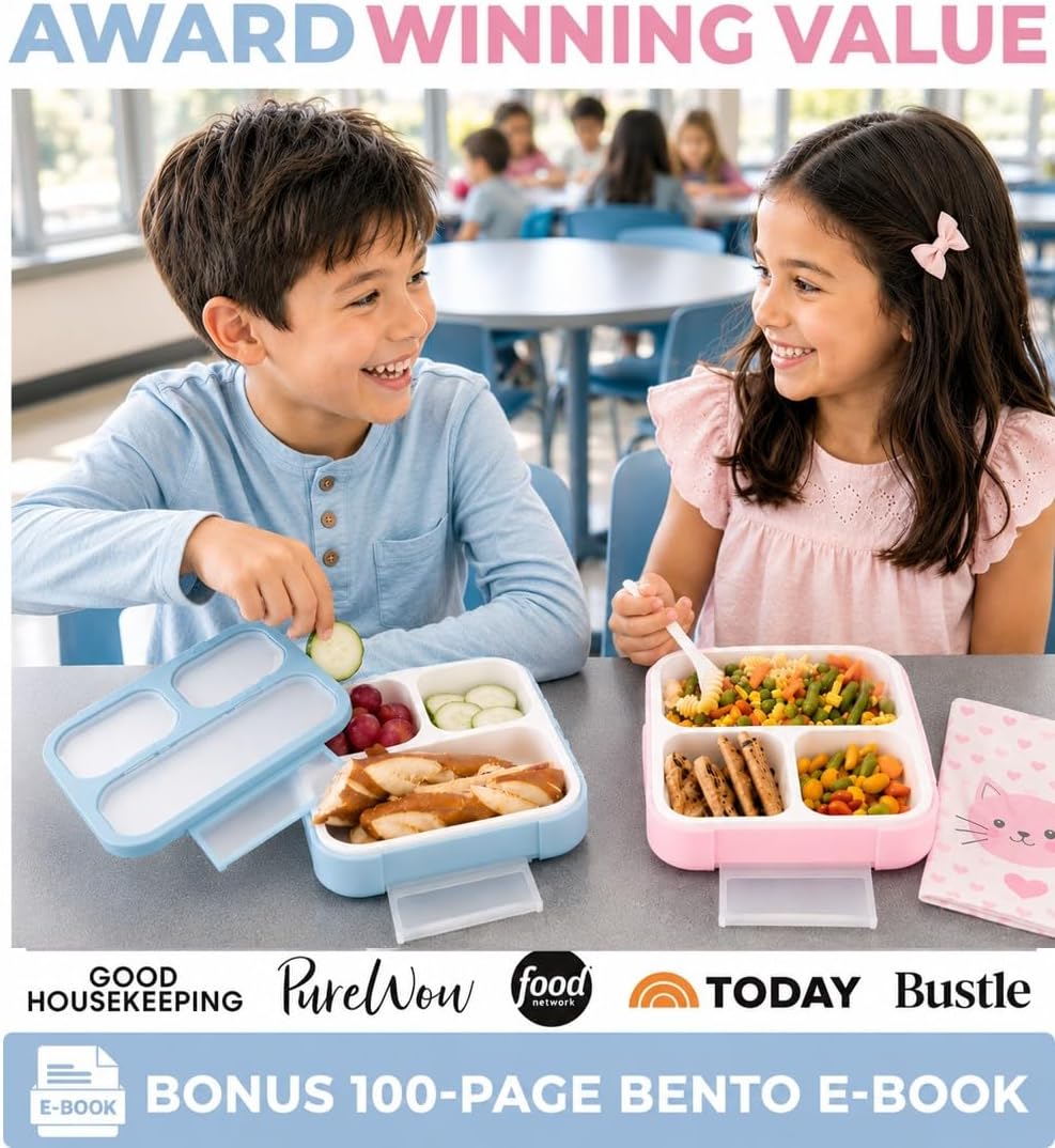 kinsho Medium Bento Boxes for Kids, Lunch Box for Boys Girls Toddler Adults, Leak-Proof 3 Compartment Containers for Meal or Snack at School Daycare Work Travel, BPA Free 2 Pack (Pastel Blue + Pink)