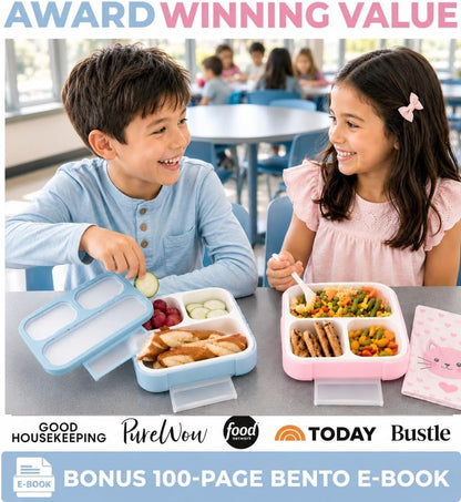 kinsho Medium Bento Boxes for Kids, Lunch Box for Boys Girls Toddler Adults, Leak-Proof 3 Compartment Containers for Meal or Snack at School Daycare Work Travel, BPA Free 2 Pack (Pastel Blue + Pink)