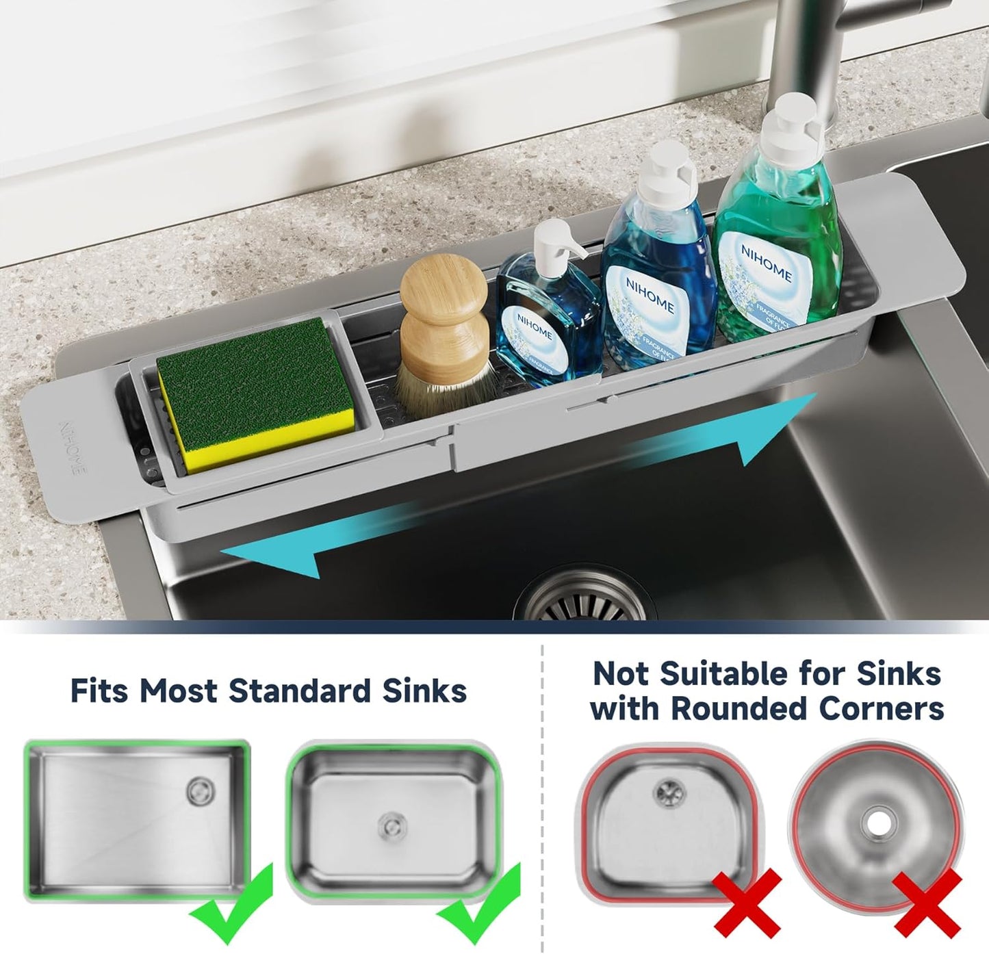 NiHome Extendable Over Sink Kitchen Organizer, Small Telescopic Brush Storage Rack for Sponge, Non-Slip Pads Expandable Sink Caddy, Adjustable Sponge/Brush Rack with Drainage Durable ABS (Dark Gray)