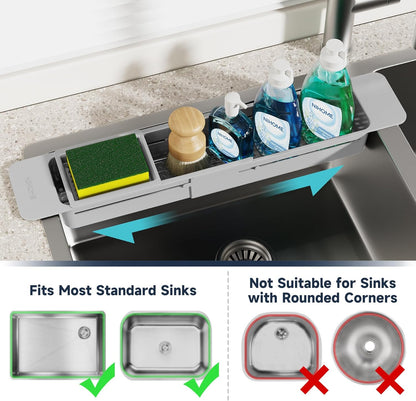 NiHome Extendable Over Sink Kitchen Organizer, Small Telescopic Brush Storage Rack for Sponge, Non-Slip Pads Expandable Sink Caddy, Adjustable Sponge/Brush Rack with Drainage Durable ABS (Dark Gray)
