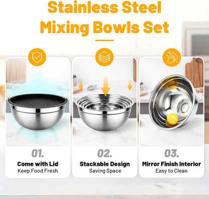 Beasea Stainless Steel Mixing Bowls, 5 Pack 1.5 QT Stackable Nesting Mixing Bowls with Airtight Lids, Metal Bowl with Lid for Baking, Meal Prepping, Salad, Serving, Food Storing