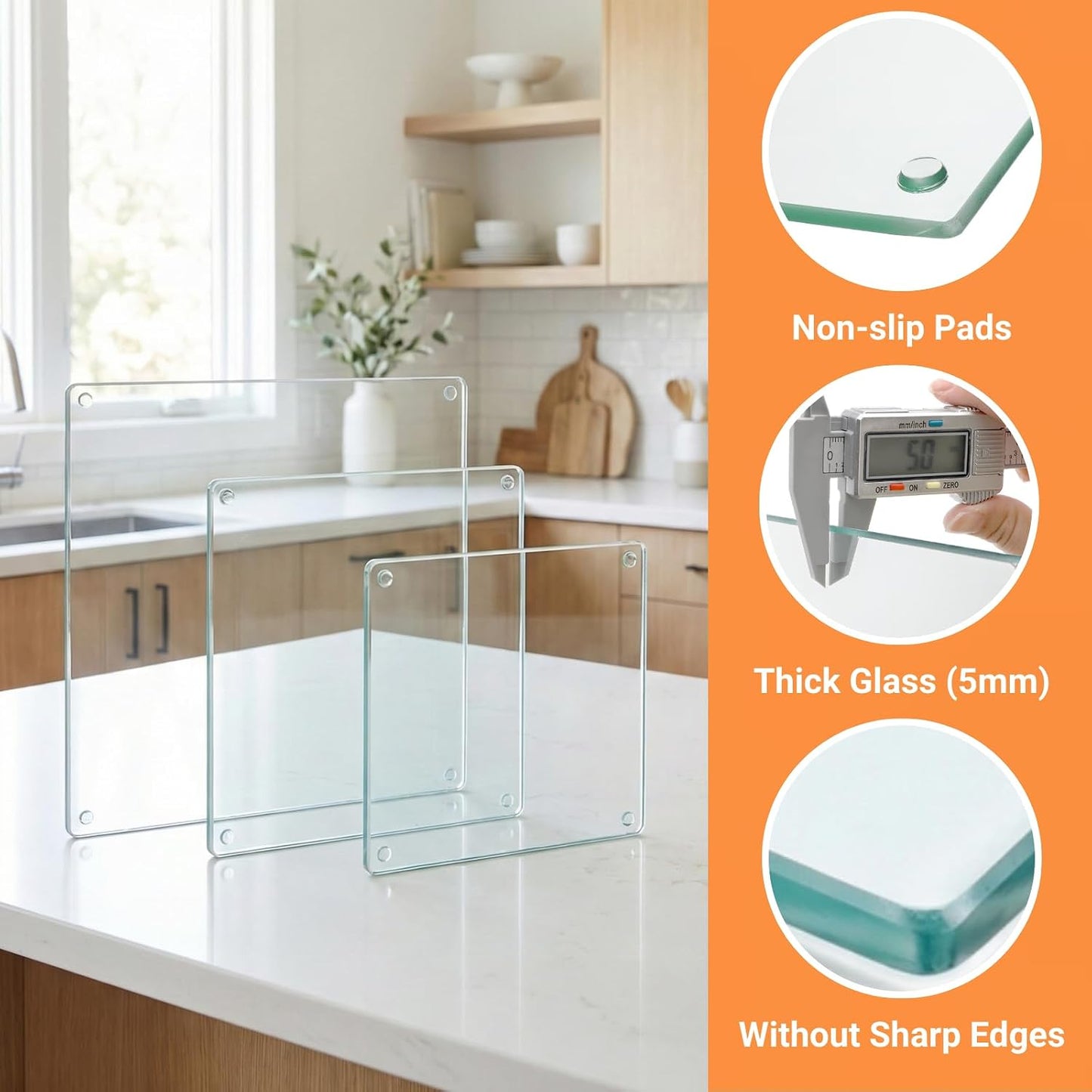 Hacaroa 4 Pack Tempered Glass Cutting Board with Rubber Feet, Rectangle Non-slip Chopping Board, Long Lasting Clear Glass Tray for Kitchen Countertop, Table, Shatter-Resistant, Heat-Resistant, 2 Size
