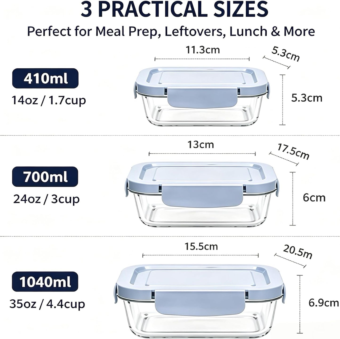 Glass Food Storage Containers with Lids, 3 Pack (14oz / 24oz / 36oz), Glass Meal Prep Containers, Airtight & Leak Proof Bento Boxes, Microwave Oven Freezer Safe Kitchen Storage Containers