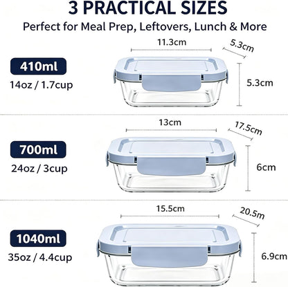 Glass Food Storage Containers with Lids, 3 Pack (14oz / 24oz / 36oz), Glass Meal Prep Containers, Airtight & Leak Proof Bento Boxes, Microwave Oven Freezer Safe Kitchen Storage Containers
