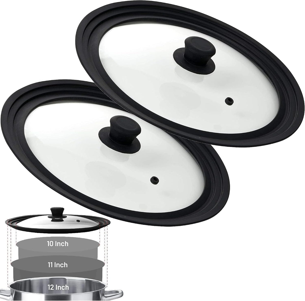 Universal Lids for Pots, Pans and Skillets - Tempered Glass with Vented Silicone Rim and Heat-Resistant Handle - Fits Multiple Cookware Sizes - Dishwasher & Microwave Safe (Single, 11",12",12.5")