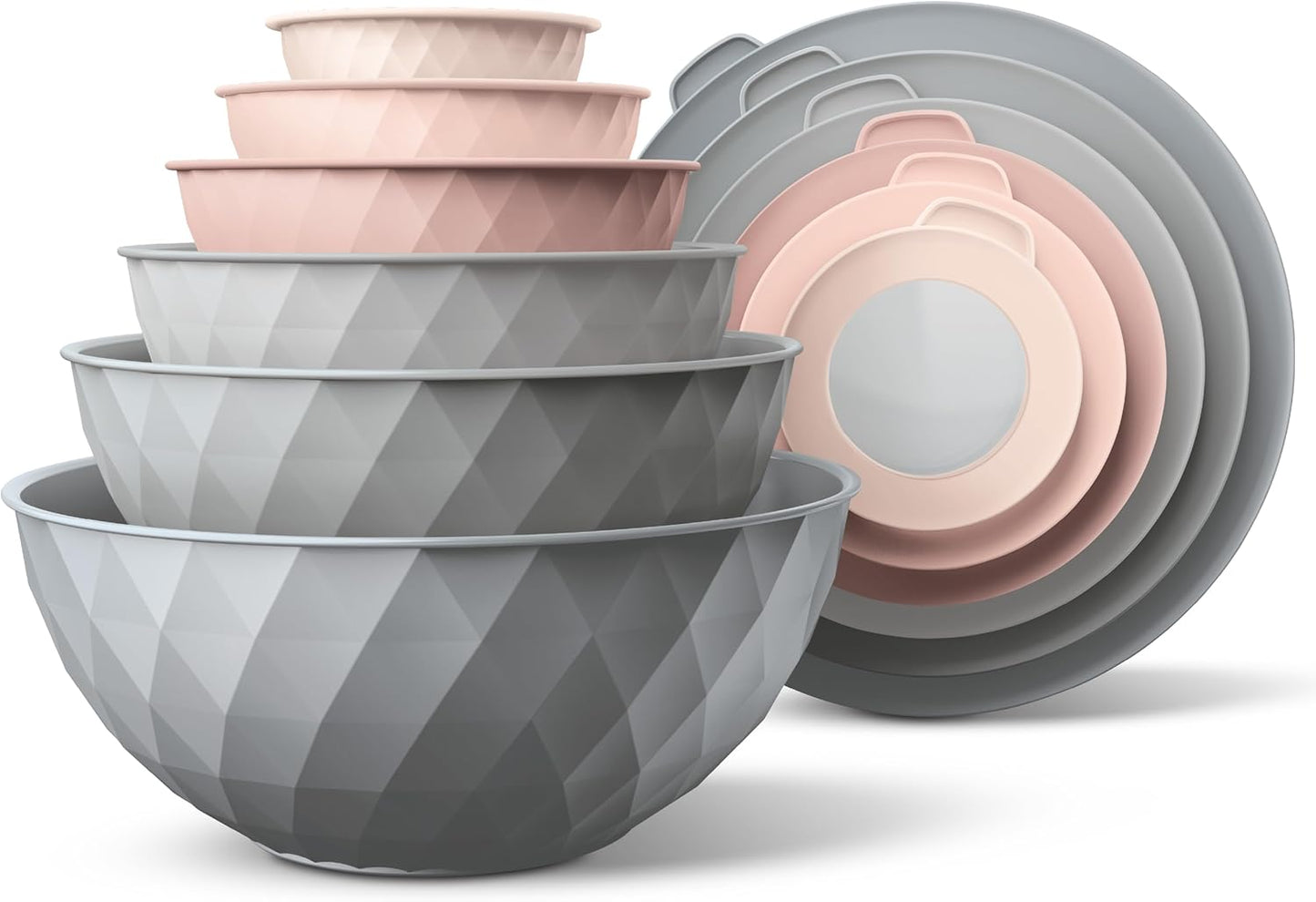COOK WITH COLOR Mixing Bowls with Lids - 12 Piece Plastic Nesting Bowls Set includes 6 Prep Bowls and 6 Lids, Microwave Safe Mixing Bowl Set, Pink Embossed - Colors B