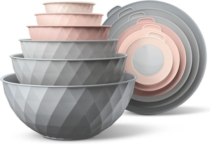 COOK WITH COLOR Mixing Bowls with Lids - 12 Piece Plastic Nesting Bowls Set includes 6 Prep Bowls and 6 Lids, Microwave Safe Mixing Bowl Set, Pink Embossed - Colors B