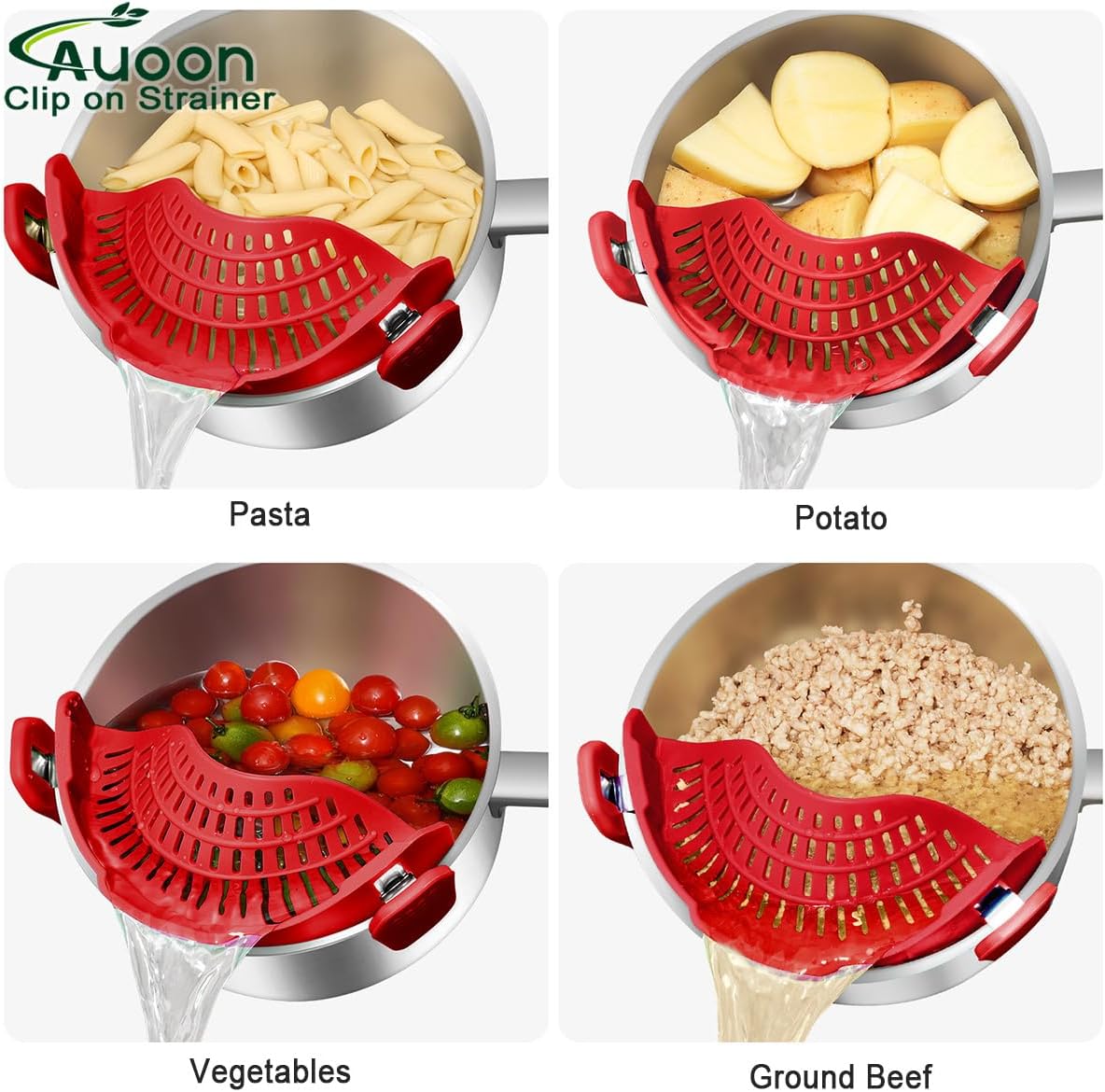 AUOON Clip On Strainer Silicone for All Pots and Pans, Pasta Strainer Clip on Food Strainer for Meat Vegetables Fruit Silicone Kitchen Colander