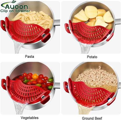 AUOON Clip On Strainer Silicone for All Pots and Pans, Pasta Strainer Clip on Food Strainer for Meat Vegetables Fruit Silicone Kitchen Colander