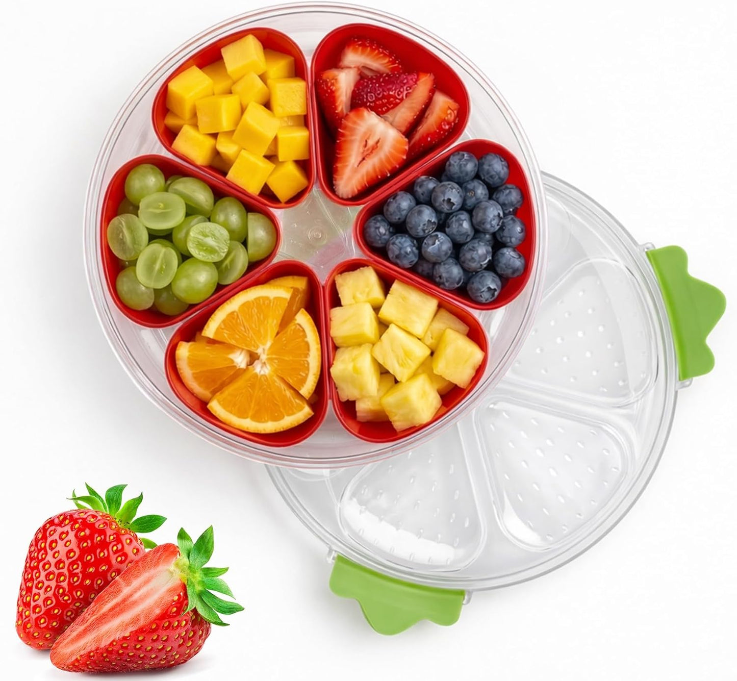 Divided Serving Tray with Lid,Stackable Snackle Box Strawberry Container for Fruits Candy Organizer, Portable Rounded Veggie Tray for Kitchen, Party, Trave and Picnic (Pink)