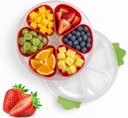Divided Serving Tray with Lid,Stackable Snackle Box Strawberry Container for Fruits Candy Organizer, Portable Rounded Veggie Tray for Kitchen, Party, Trave and Picnic (Pink)