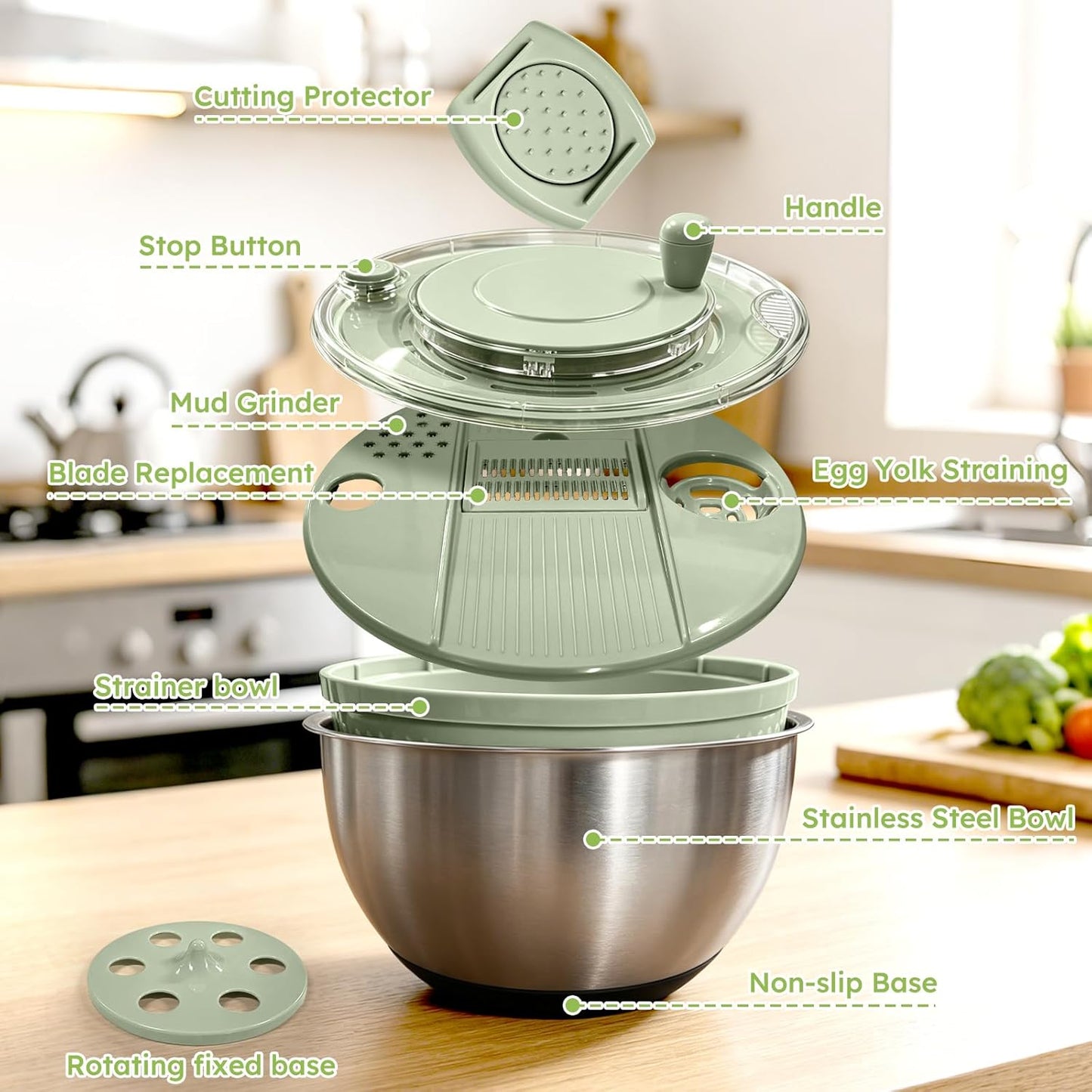Stainless Steel Salad Spinner Large with 5 Blades Slicer, Vegetable Dryer, Non-Slip Base, Stop Button, Vegetable Fruits Chopper Bowl 5L Capacity with Egg Yolk Strainer