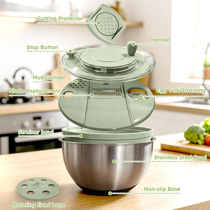 Stainless Steel Salad Spinner Large with 5 Blades Slicer, Vegetable Dryer, Non-Slip Base, Stop Button, Vegetable Fruits Chopper Bowl 5L Capacity with Egg Yolk Strainer
