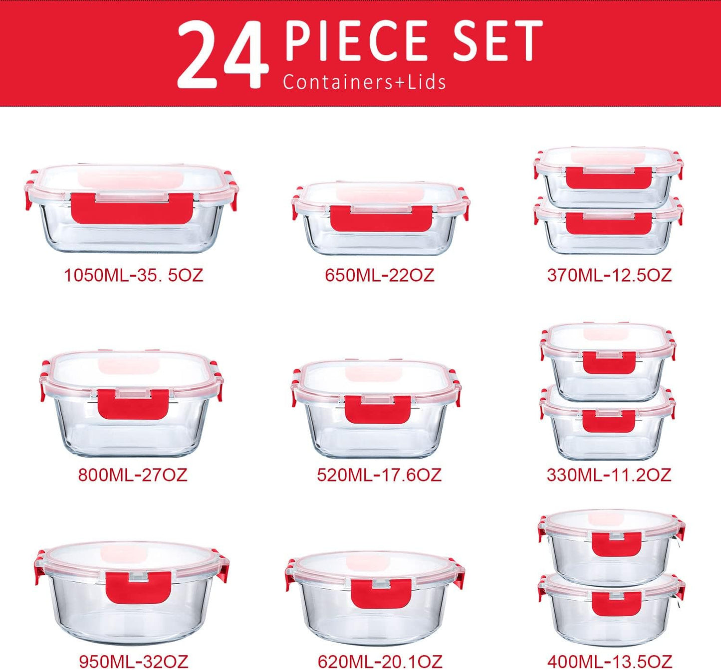 M MCIRCO 24-Piece Glass Food Storage Containers with Upgraded Snap Locking Lids,Glass Meal Prep Containers Set - Airtight Lunch Containers, Microwave, Oven, Freezer and Dishwasher
