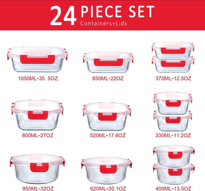 M MCIRCO 24-Piece Glass Food Storage Containers with Upgraded Snap Locking Lids,Glass Meal Prep Containers Set - Airtight Lunch Containers, Microwave, Oven, Freezer and Dishwasher