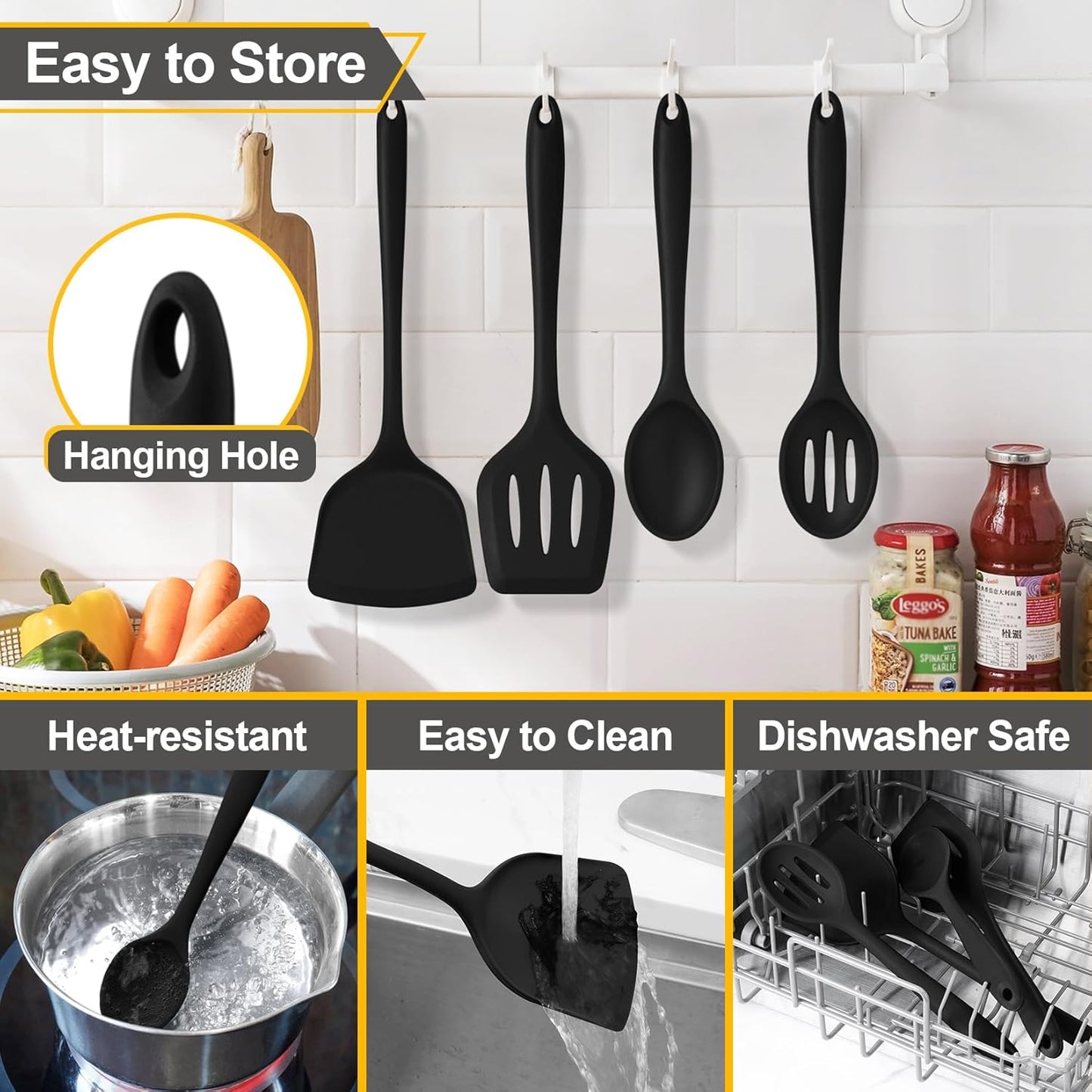 P&P CHEF Kitchen Utensil Set, 4 Pieces Non-stick Silicone Cooking Utensils, Heat-resistant Slotted Solid Spoon Turner for Frying, Mixing, Serving, Non-toxic & Easy to Clean, Blue