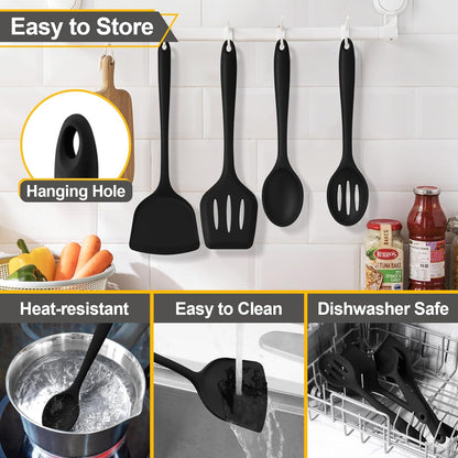 P&P CHEF Kitchen Utensil Set, 4 Pieces Non-stick Silicone Cooking Utensils, Heat-resistant Slotted Solid Spoon Turner for Frying, Mixing, Serving, Non-toxic & Easy to Clean, Blue