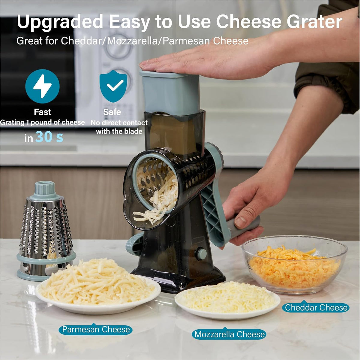 Rotary Cheese Grater hand crank 3 blades with Stronger Suction Base | Stainless Steel Blades for Fruits, Vegetables, Nuts. Dishwasher Safe & Easy to Clean, Transparent Black & Blue