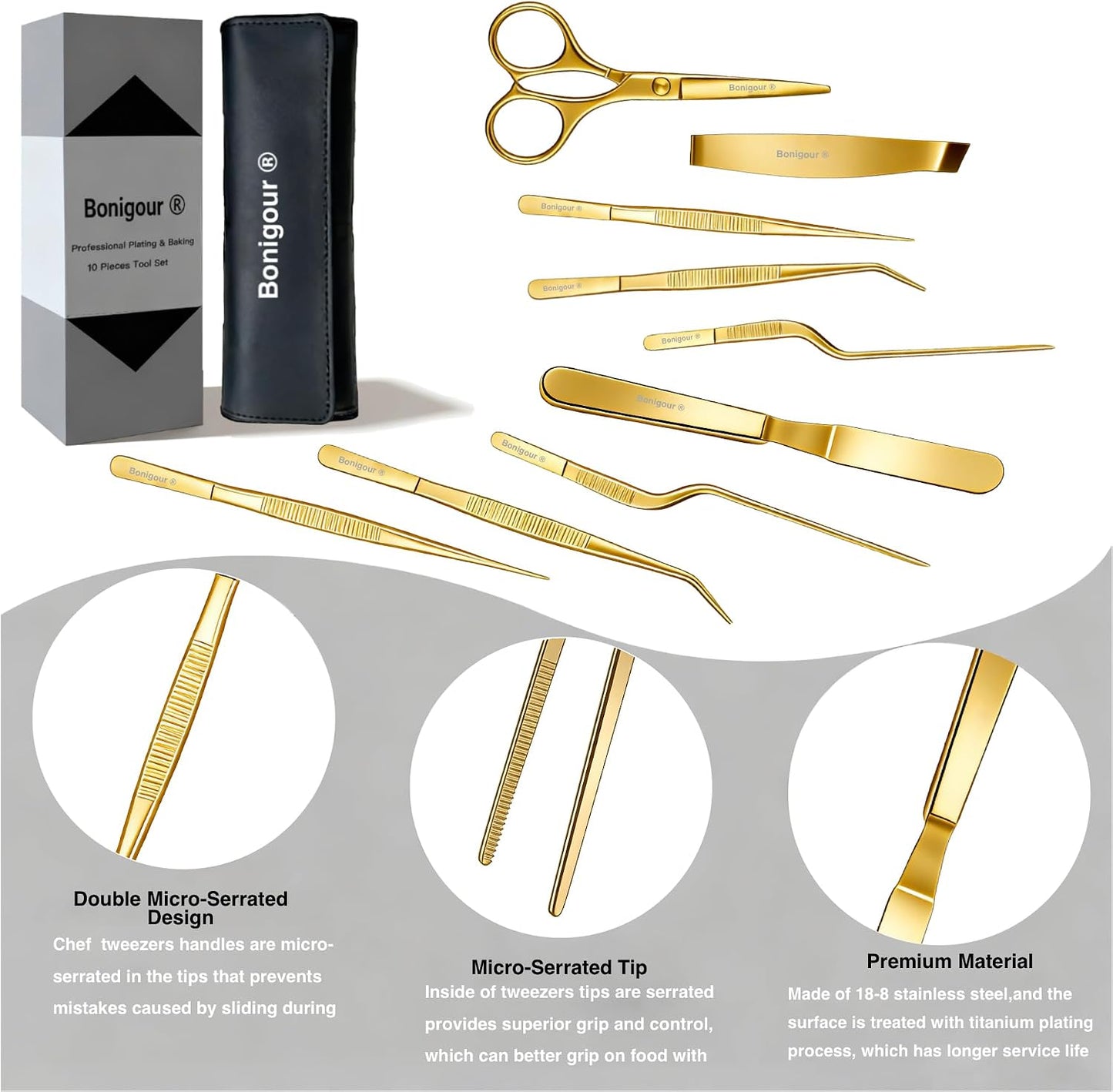 | Pastry Chef's Plating Tools Culinary Set | 10 Piece Professional Pastry Chef Plating Utensils | Spatula, Tweezers, Chef Scissors for Biscuit Decoration, Platig | Stainless Steel (Black)