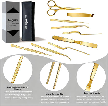| Pastry Chef's Plating Tools Culinary Set | 10 Piece Professional Pastry Chef Plating Utensils | Spatula, Tweezers, Chef Scissors for Biscuit Decoration, Platig | Stainless Steel (Black)