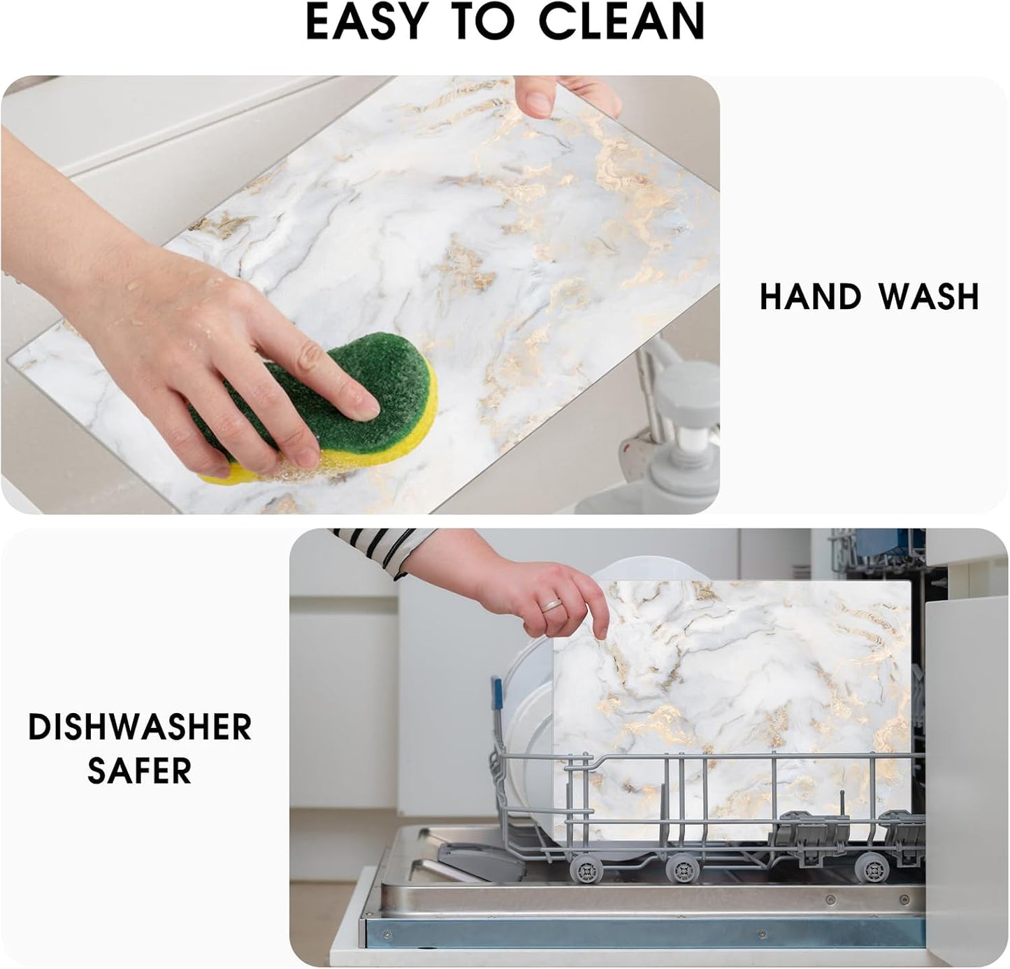 JAMBALAY Tempered Glass Cutting Boards for Kitchen, Gold 12"x8" & 16"x12" Glass Cutting Board Set with Marble Design, With Non Slip Foot, Shatter and Heat Resistant, Dishwasher Safe