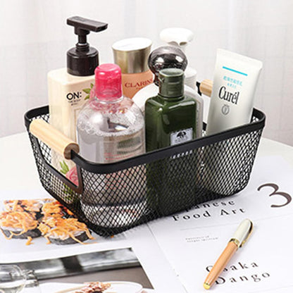 AJIODA Metal Mesh Steel Basket, Large Wire Storage Organizer Basket Multi-function Hanging Kitchen Baskets with Wood Handle for Kitchen Bathroom Picnic Home, Rectangle-Off White
