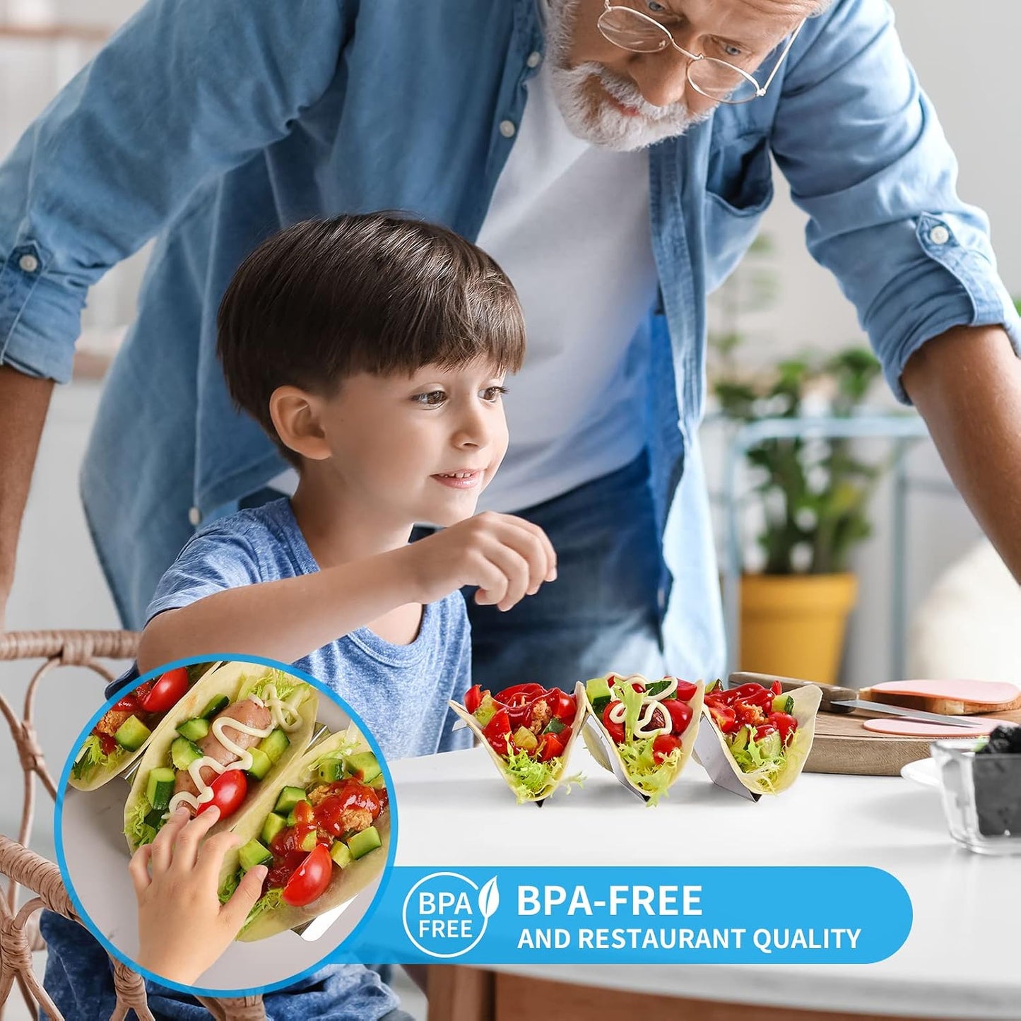 Taco Holder 4 Packs - Stainless Steel Taco Holders Set of 4 by GEIKR, Oven & Dishwasher & Grill Safe Taco Trays, Each Metal Taco Stands for 3 Tacos, Stylish Taco Rack with Handles