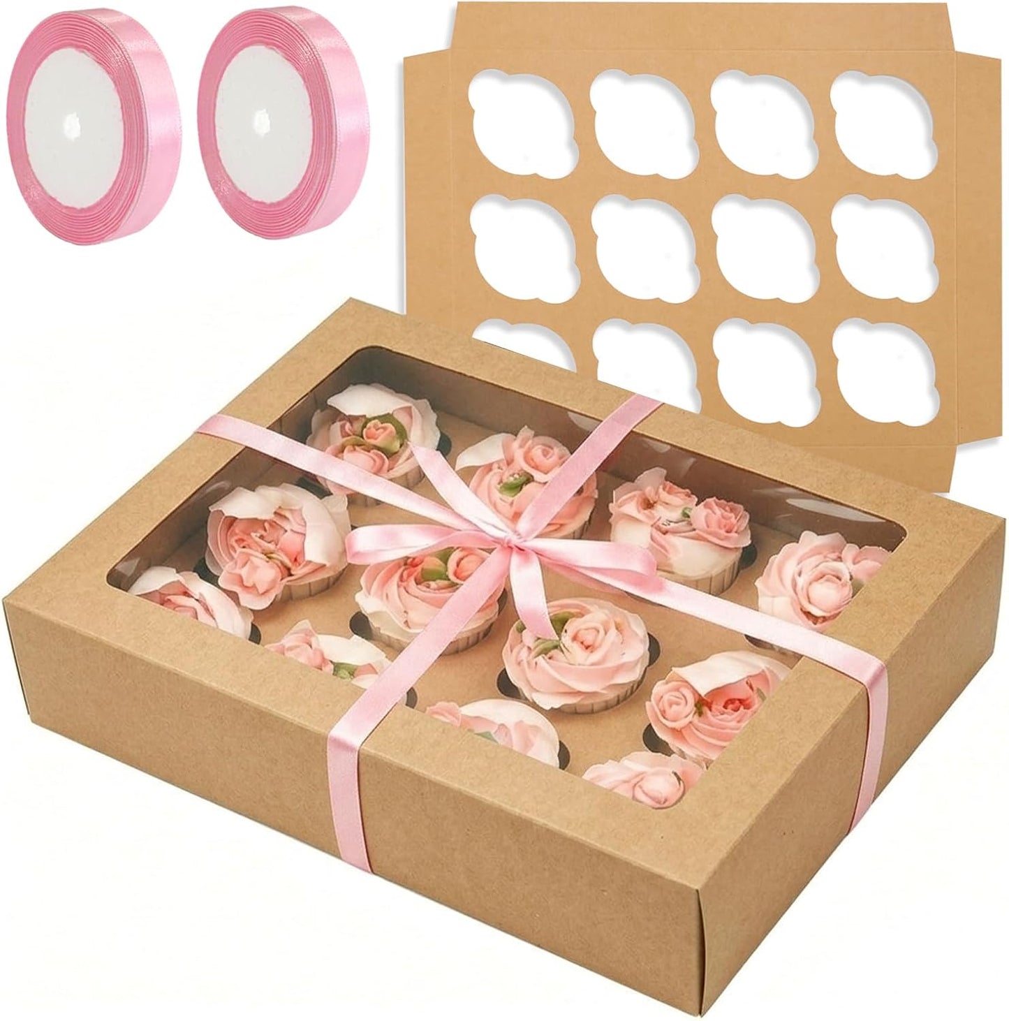 Bakepacker Auto-pop up 12 Cupcake Containers 6-Packs Brown Cupcakes Carrier, 12 Cupcake Boxes with Window 13"x10"x3.5"