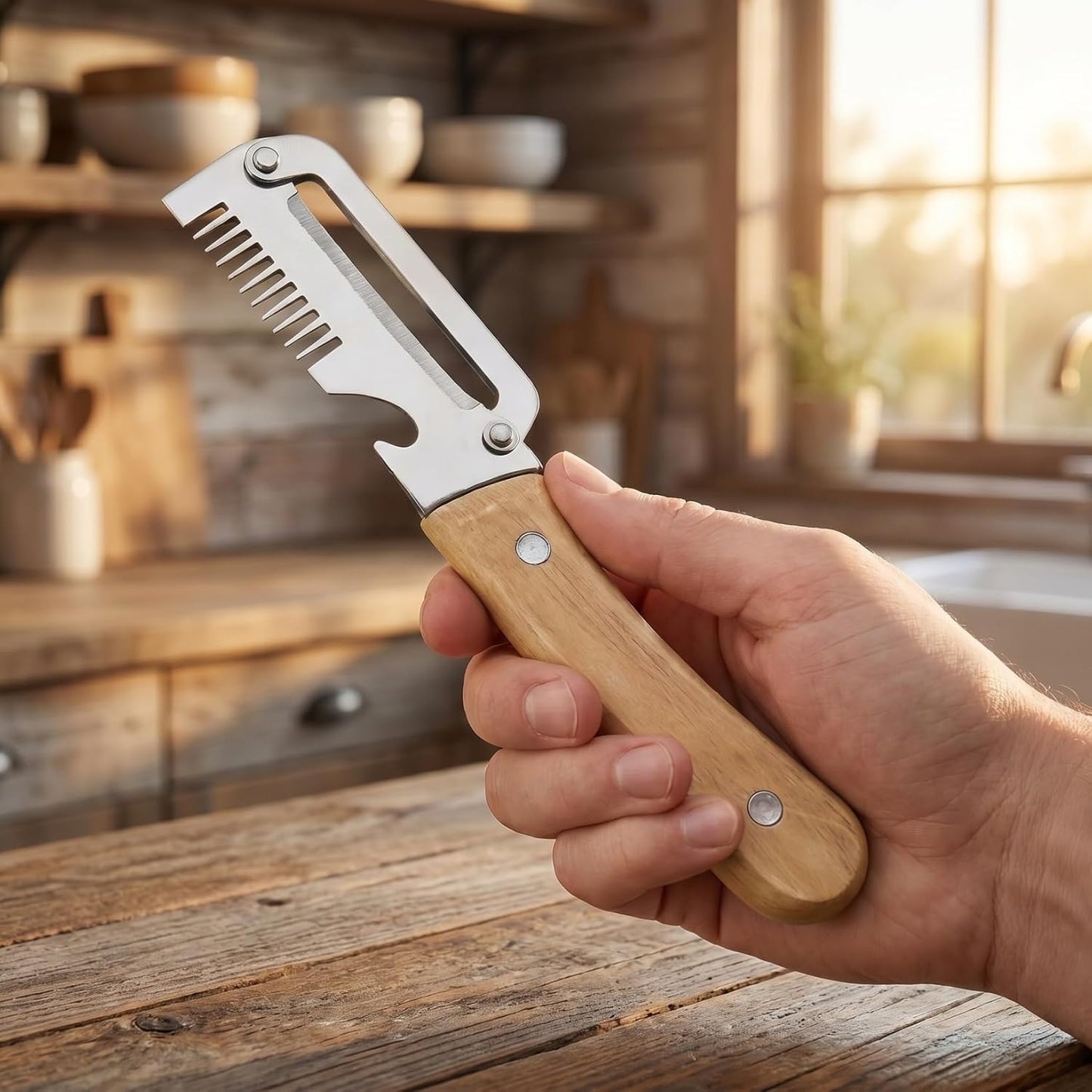 2pcs Multifunctional Vegetable Peeler Shredder, 3-in-1 Stainless Steel Julienne Peeler Tool with Bottle Opener and Non-slip Wooden Handle, Fruit Peeling Knife for Kitchen