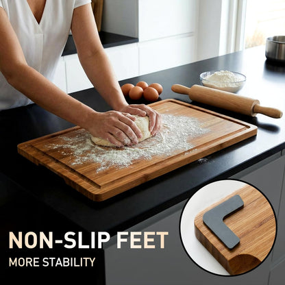 3 Pack Non Toxic Bamboo Cutting Board Set with Non Slip Feet and Juice Groove Solid Wooden Chopping Boards for Kitchen Meat Hard Large Wood Cutting Board Serving Bread Charcuterie Boards Butcher Block