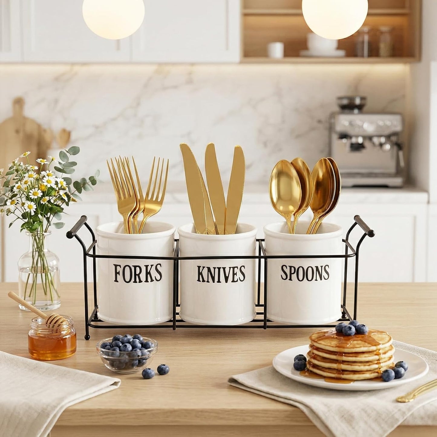 Bekith 3-Piece White Ceramic Silverware Caddy with Black Metal Rack, Utensil Holder Flatware Caddy Cutlery Storage Organizer for Kitchen Table, Cabinet or Pantry