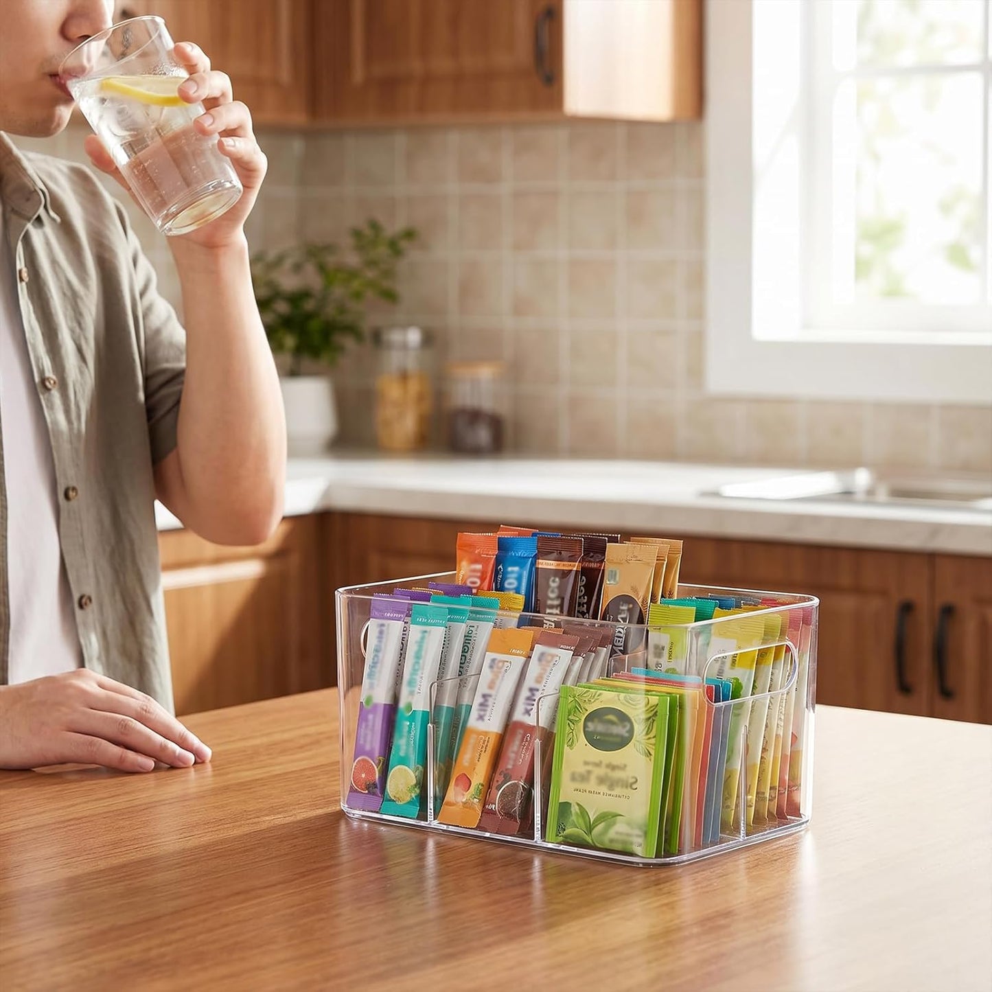 Drink Packet Organizer, Powder Packet with handle,Powdered Drink Mix,Acrylic Water Flavor Packet Organization Container with Removable Dividers for Storage Bins for Kitchen, Pantry, Office