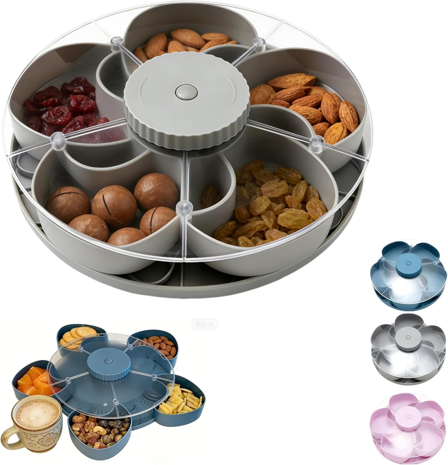 Divided Serving Tray that Spins with Lid, 5-Compartment Rotating Snack Container & Snackle Box, Lazy Susan Veggie Fruit Tray Organizer for Party Appetizers, Travel, Picnic (1PCS Gray)