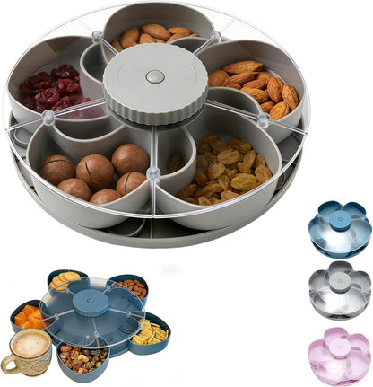 Divided Serving Tray that Spins with Lid, 5-Compartment Rotating Snack Container & Snackle Box, Lazy Susan Veggie Fruit Tray Organizer for Party Appetizers, Travel, Picnic (1PCS Gray)