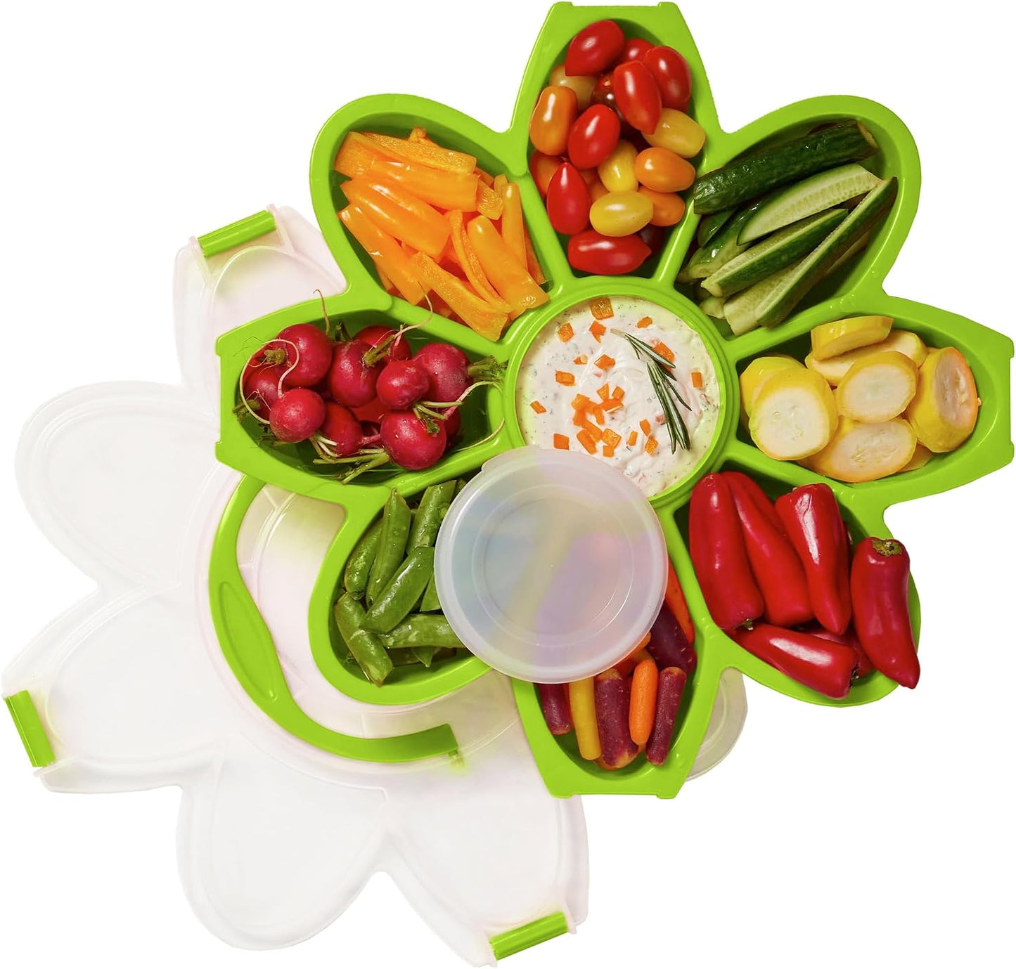 KOLORAE Flower Snack Serving Tray - 9 Compartment Party Platter with Dressing Cup for Chips and Dip, Fruits and Veggies - Game Day & Summer Entertaining Tray