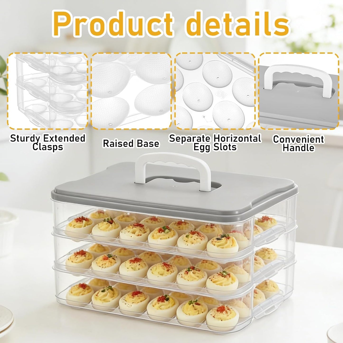 3-Layer Deviled Egg Container with Lid and Handle, Clear Plastic Deviled Egg Carrier Storage 72 Eggs, Portable Stackable Eggs Holder Platter for Easter, Thanksgiving Day, Party, Picnic