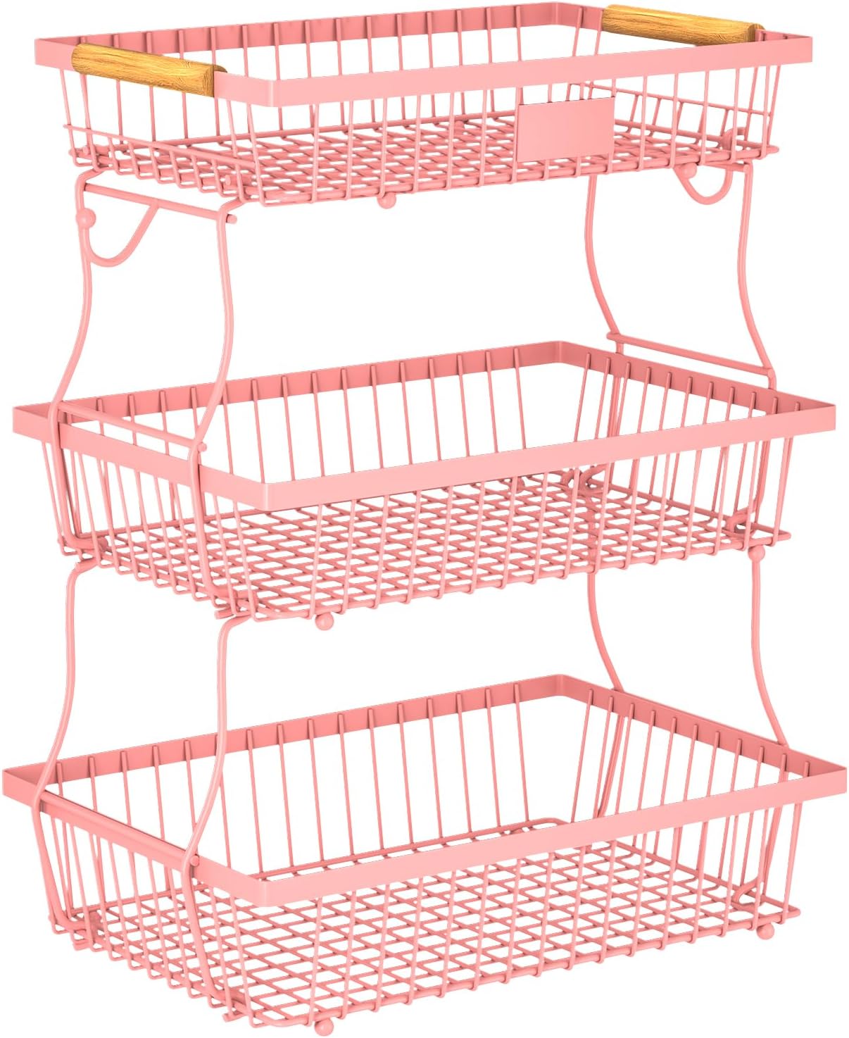 2 Tier Fruit Basket for Kitchen Counter with 2 Banana Hangers, Countertop Metal Bread Basket with Wooden Handle, Large Storage Stand for Vegetables, Snacks, Eggs, Produce Storage – Black