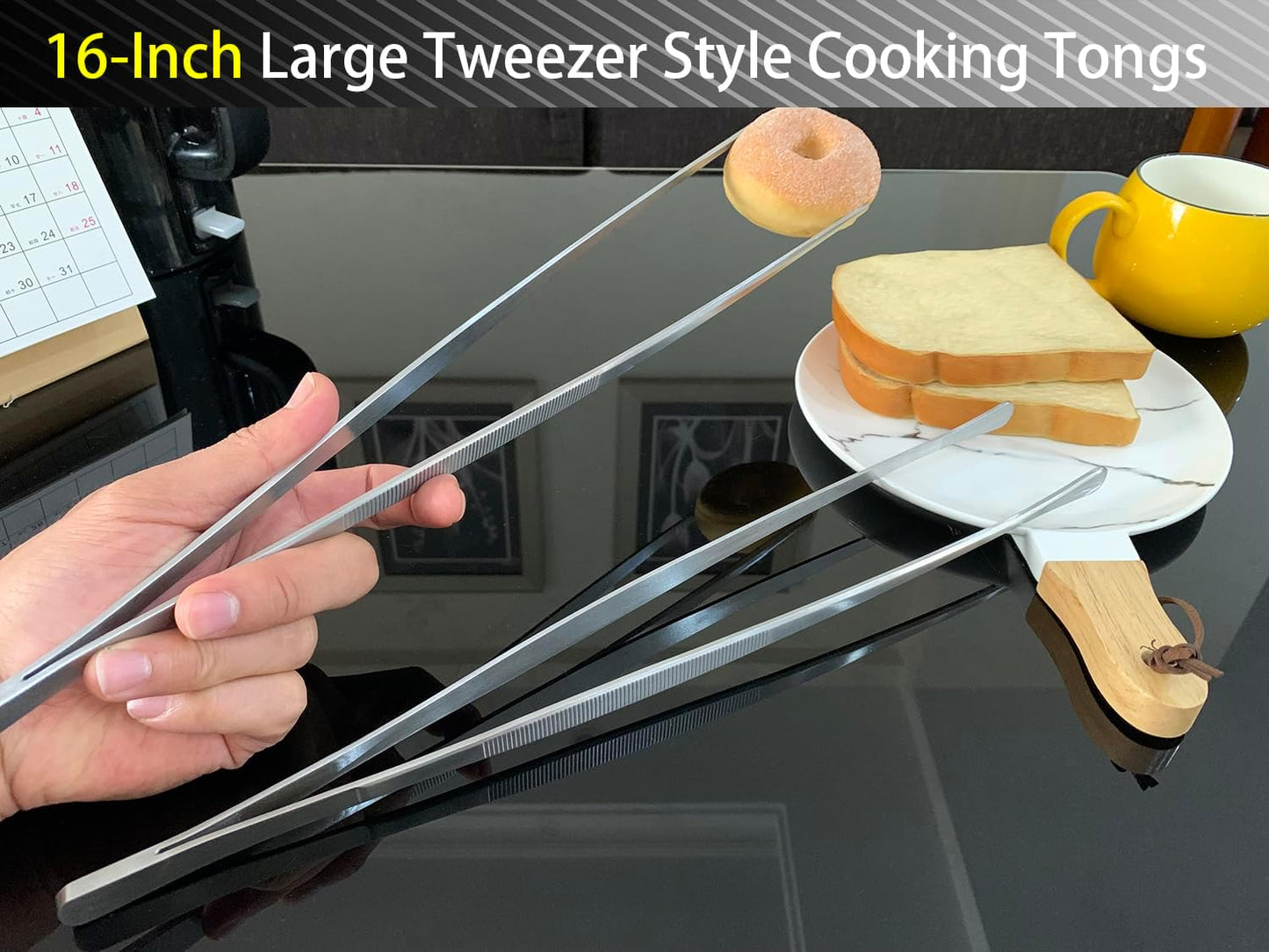 JETKONG 2 Pcs 12-Inch Kitchen Tweezers Tongs with Precision Serrated Tips, Stainless Steel Chef Tweezer Professional Cooking Tweezers for BBQ, Plating and Serving (12-Inch, Black)