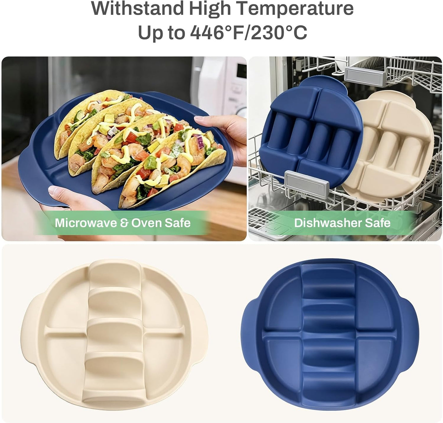 Silicone Taco Holders Set of 2, Reusable Taco Plates with 4-Shell Slots, Tacos Rack Holder Stands with Handle for Tortillas Party Serving, Family Dinner & Meal Prep Accessories(Dark Blue + White)