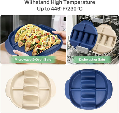 Silicone Taco Holders Set of 2, Reusable Taco Plates with 4-Shell Slots, Tacos Rack Holder Stands with Handle for Tortillas Party Serving, Family Dinner & Meal Prep Accessories(Dark Blue + White)