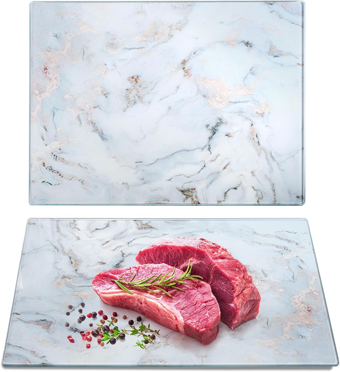 WRINGKIT Set of 2 Glass Cutting Board with Marble Pattern, Tempered Glass Chopping Board with Non-Slip Feet, 16"x 12" Large Glass Board for Countertop, Kitchen, Easy to Clean