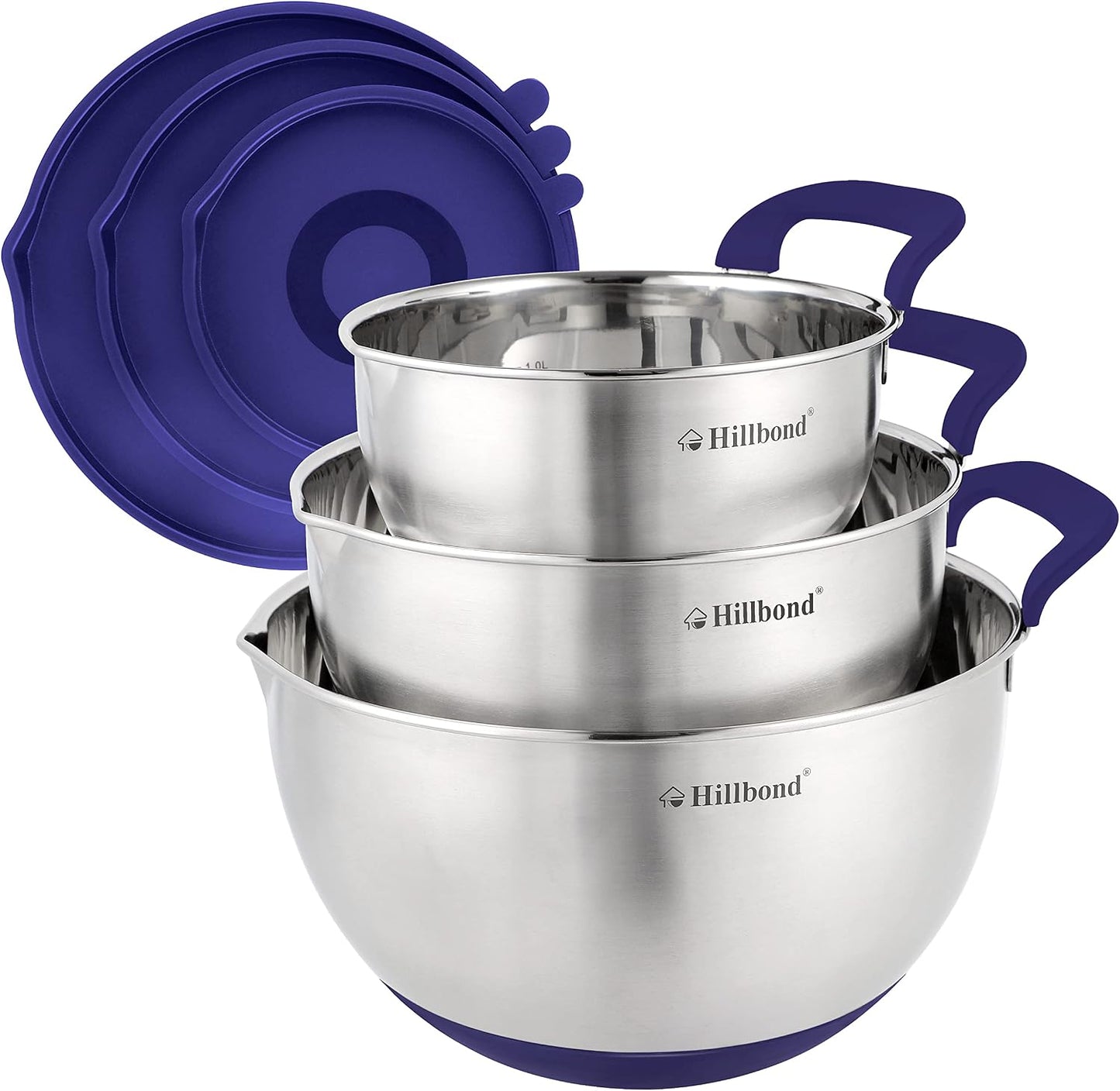 Hillbond Stainless Steel Bowls with Lids Set Mixing Bowls with Pour Spout, Silicone Handle and Non-Slip Bottoms for Baking, Metal Bowls Mixing Dishwasher Safe, Set of 3, Mother’s Day Gift (Black)