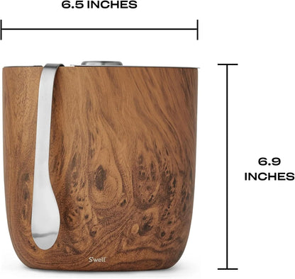 S’well Stainless Steel Ice Bucket with Tongs, 68oz Capacity, Teakwood Pattern Finish, Triple-Layer Vacuum Insulated to Keep Ice Colder Longer, BPA-Free Barware