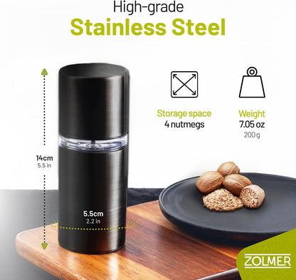 Spice Grinder with Storage Container for Fine Nutmeg Powder - SIlver