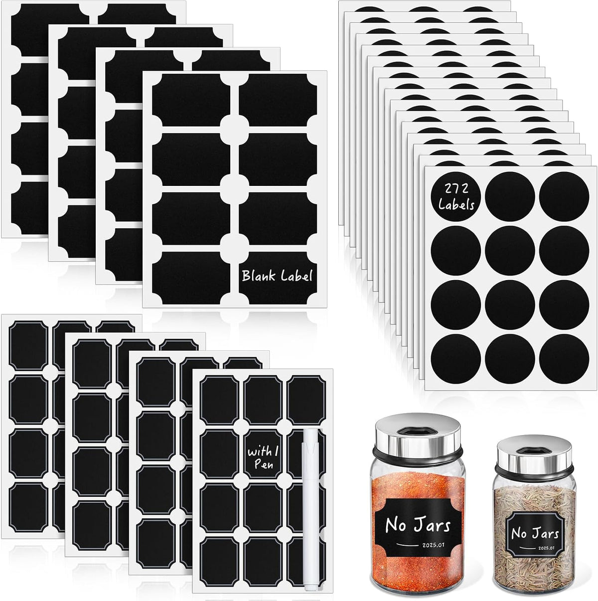 Segarty Food Label Stickers, 300 Pcs Blank Expiration Date Stickers to Write On, with 1 Black Pen, Waterproof Removable Freezer Labels for Glass Spice Jars, Canister, Food Container