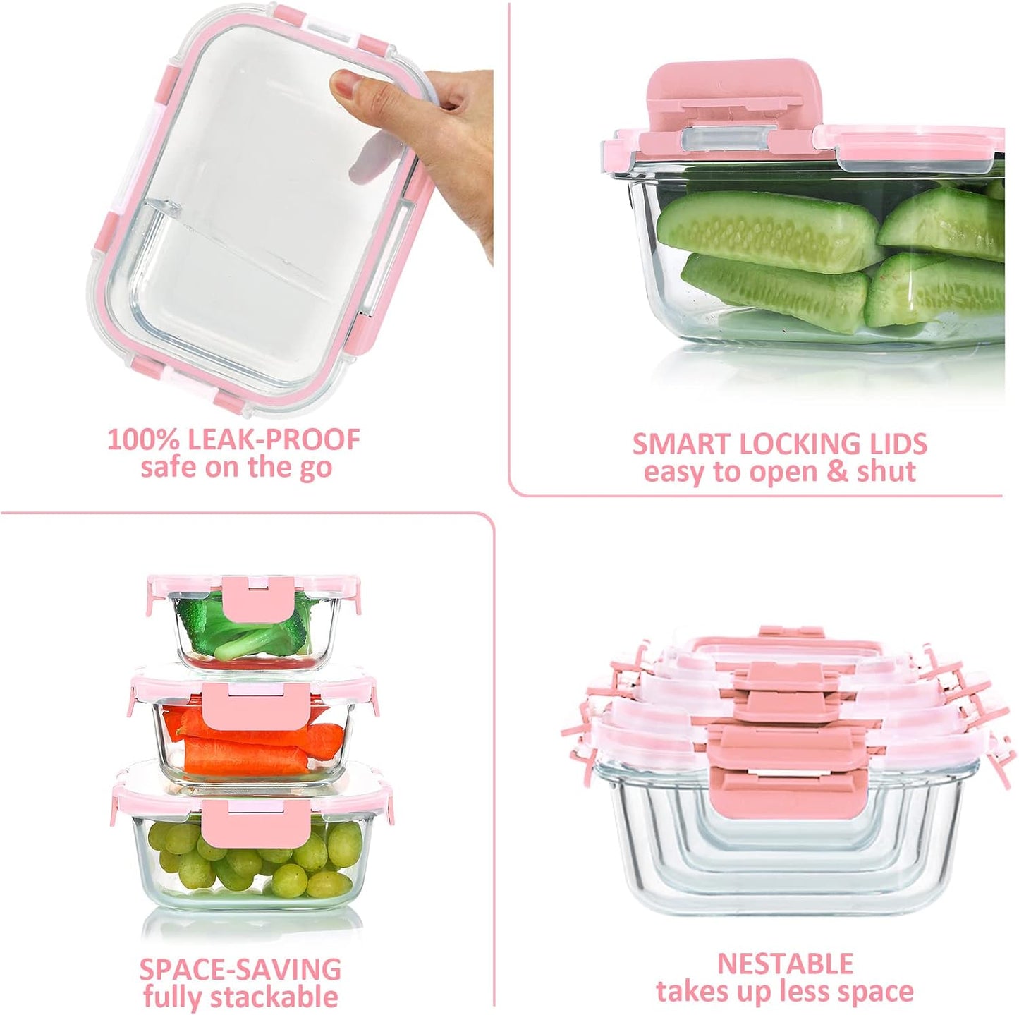 KOMUEE 24 Pieces Glass Food Storage Containers Set, Meal Prep Containers-Stackable Airtight Glass Storage Containers with lids,Freezer, Microwave, Oven Safe,Green
