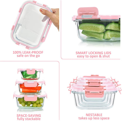 KOMUEE 24 Pieces Glass Food Storage Containers Set, Meal Prep Containers-Stackable Airtight Glass Storage Containers with lids,Freezer, Microwave, Oven Safe,Green