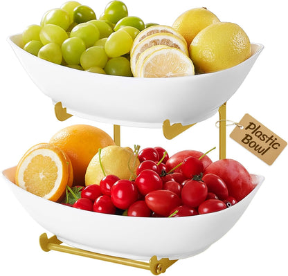 Lifewit Plastic Fruit Bowl for Kitchen Counter, 3 Tier Fruit Basket with Gold Metal Stand, Tiered Fruit Holder for Countertop Serving Tray for Vegetable/Dessert in Party 28 x 21 x 35cm/11 x 8.4 x 14