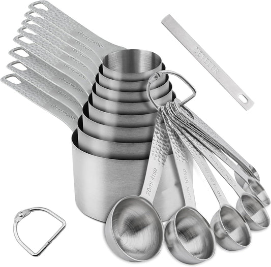 Measuring Cups and Spoons Set, 18 Piece 18/8 Stainless Steel Measuring Cups and Spoons Set for Dry & Liquid, Metric & US Metal 8Measure Cup and 9 Spoon & Leveler for Baking & Kitchen
